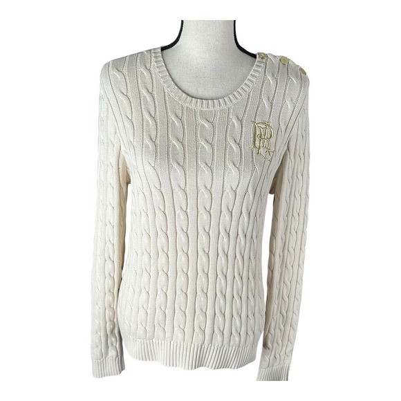 Genuine Lauren Ralph Lauren button‎ Trim Cable Knit Sweater -ivory Watch Sz L - Picture 2 of 16